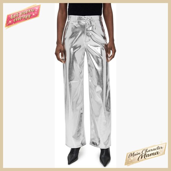 Faux Leather Wide Leg Pants Metallic Finish High Rise Night Out Chic